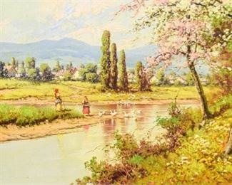 185	Laszlo Neogrady Oil on Canvas Women in the Creek	Laszlo Neogrady (Hungarian, 1896-1962). Oil on canvas. Two women crossing a creek with a group of geese. Signed in the bottom right. Sight: 23 1/4" x 38 1/8", Frame: 30 1/4" x 42". Slight cracking in the bottom of gilt frame. Slight discoloration of the paint from age.
