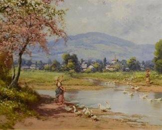 186	Laszlo Neogrady Oil on Canvas Women at the Pond	Laszlo Neogrady (Hungarian, 1896- 1962). Oil on canvas. Women at the pond with ducks. Signed in the bottom left . Sight: 23 1/2" x 35 1/2", Frame: 30 3/4" x 40 5/8"