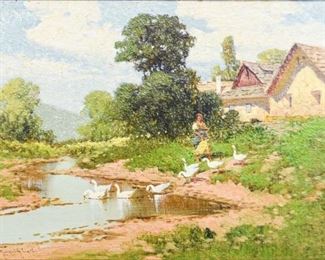 187	Laszlo Neogrady Oil on Board Woman with Ducks	Laszlo Neogrady (Hungarian, 1896-1962). Oil on board. Woman with ducks by the riverbank. Signed in the lower left. Slight loss at the top of the board. Sight: 9 5/8" x 13 1/2", Frame: 14 1/8" x 18"