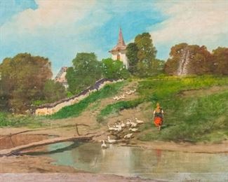 188	Laszlo Neogrady Oil On Canvas Walking The Flock	Laszlo Neogrady (Hungarian, 1896-1962). Oil on canvas woman with ducks Walking the Flock. Signed lower right. Crazing, paint loss and wear upper right and in river below ducks, losses to gilt frame. 23" x 31" (with frame 29 1/2" x 37 1/2").