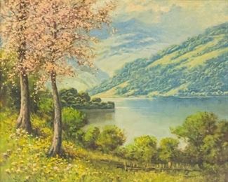 189	Laszlo Neogrady Oil on Canvas Springtime Landscape	Laszlo Neogrady (Hungarian, 1896-1962). Oil on canvas Springtime river and mountain landscape. Signed lower left. 19" x 24" (with frame 27 1/2" x 31 1/2").