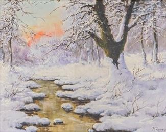 191	Attributed To Laszlo Neogrady Oil On Canvas	Attributed to Laszlo Neogrady (Hungarian, 1896–1962). Oil on canvas river in winter landscape. Signed lower right. Losses to gilt frame. 15" x 19 1/2" (with frame 21" x 24 1/2")