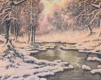 192	Josef Dande Oil on Canvas Winter River Landscape	Josef Dande (Hungarian, 1911–1969). Oil on canvas winter landscape with river. Crazing across top edge. Signed lower left Dande J. 23" x 35" (with frame 33" x 45")