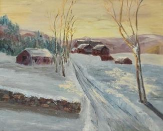 193	Signed Oil on Canvas Houses in Winter Landscape	Oil on canvas houses in winter landscape. Signed illegibly lower left and dated 1966. 21 1/2" x 27" (overall with frame 27" x 33 1/2")