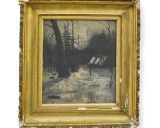 195	Oil on Board House in Winter Landscape	Mo Lea Richardson oil on board house in winter landscape. Unsigned, with artist's info on verso. 10" x 8 1/2" (overall 15 1/4" x 13 3/4"). Paint loss along left edge, losses to frame