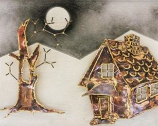 194	Alex Kovacs Metal Wall Sculpture House	Alex Kovacs (Hungarian/American, New York, 20th/21st century). Metal wall sculpture of a house and tree in moonlit mountain landscape. Mounted on wood. Signed and dated Kovacs 74 in brass plaque, lower left. 24" x 36" (with frame 25" x 36 1/4")