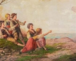 197	Fritz Fig Oil on Canvas Children Flying a Kite	Fritz Fig (British). Oil on Canvas. Depiction of children on a hillside flying a kite. Signed in the lower left. Sight: 21"x 39". Frame: 32" x 50". Crazing throughout. Frame damaged, chips to top length, repairs.