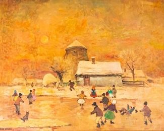 196	Attributed to Aba Novak Oil On Canvas	Vilmos Aba-Novak (Hungarian, 1894-1941). Oil on canvas. Children skating on a pond. Signed lower left "ABA NOVAK". Relined with some repairs to frame. 20" x 29" (with frame 28" x 34").
