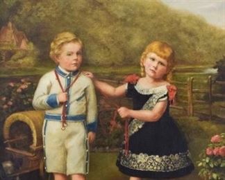198	J. Armstrong Oil on Canvas Two Children	J. Armstrong (English, 19th century). Oil on canvas portrait of two children. Signed and dated lower right J. Armstrong 1870. 29 1/2" x 23 1/2" (overall 36 1/2" x 30"). Restorations along bottom edge and on boy's shorts, paint loss in sky.
