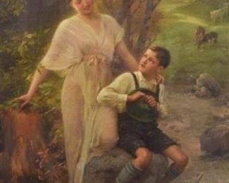 199     Paul Herman Wagner Oil on Canvas Mother & Child	Paul Herman Wagner (German, 1852-1937). Oil on canvas mother and child. Signed lower right Paul Wagner MK. 39" x 27" (overall 50 3/4" x 40 1/4"). Chips to frame