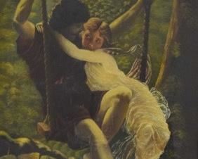 200	After Pierre Auguste Cot Oil on Canvas Springtime	After Pierre Auguste Cot (French, 1837-1883). Oil on canvas after Cot's Le Printemps. Signed and dated lower right R + A + Cot 1887. 28 1/2" x 16 3/4" (with frame 34 1/2" x 23"). 3 holes near top, repairs throughout.