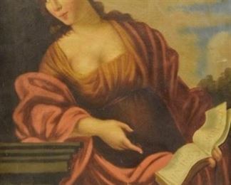 202	After Giovanni Francesco Romanelli Oil on Canvas	After Giovanni Francesco Romanelli (Italian, 1610-1662). Oil on canvas Portrait of the Cumaean Sibyl. Unsigned. 25 1/2" x 20 1/4". Unframed, termite damage to stretcher, scratches, tear near bottom.