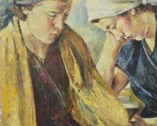 204	Janos Lajos Tihanyi Oil on Canvas Women Reading	Janos Lajos Tihanyi (Hungarian, 1892-1957). Oil on canvas two women reading. Signed lower left Tihanyi Janos Lajos and dated 1938. 31 1/4" x 23 1/4" (with frame 32" x 24"). Tear above woman's eye on right side.
