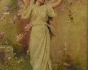 206	Oil on Canvas Woman With Flowers	Oil on canvas woman with flowers. Unsigned. 17 1/2" x 10 1/2" (overall with frame 24 1/2" x 18"). Losses to frame