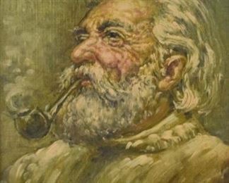 208	Oil on Canvas Portrait of a Man Smoking a Pipe	Oil painting of an old man smoking a pipe. In the impressionist style. Sight: 8" x 10", Frame: 16 1/2" x 14 3/8"