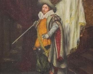 210	Signed Carraci Oil on Wood Panel Cavalier	Oil on wood panel of a cavalier. Signed lower right. 13 1/2" x 10 1/4" (overall with frame 24 1/2" x 21 1/2"). Wood panel warped, minor crazing, losses to frame.