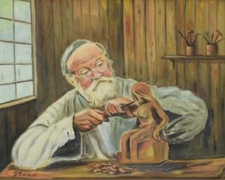 211	Signed Faught Oil on Canvas Panel Portrait	Faught (20th century). Oil on canvas panel portrait of a sculptor at work. Signed lower left. 13 1/2" x 17 3/4" (overall with frame 25 1/4" x 21 1/4")