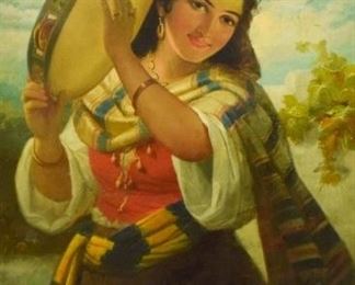 214	Robert Kemm Oil on Canvas	Robert Kemm (British, 1837-1895). Oil on canvas, "Young Spanish Woman with Tambourine". Signed "R.Kemm" in bottom left corner. "Howden & Co Artist Colormen" label on verso. Two repairs on center and bottom left of the canvas. Canvas deterioration around edges. Loss above signature and bottom edge. Cracking from edge, warping from age. Hole in canvas by tambourine. Sight: 36 1/2" x 27", Frame: 43 1/2" x 35"