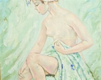 216	Piroska Hevizi Oil on Canvas Seated Nude	Piroska Hevizi (Hungarian, 1915-1994). Oil on canvas. Seated nude in analogous color palette. Framed. Signed in the lower right corner. Sight: 15 1/2" x 11 1/2", Frame: 23" x 19"