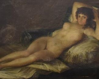 218	After Goya Oil on Canvas La Maja Desnuda	After Goya, oil on canvas, "La Maja Desnuda". Unsigned. Unframed. 27" H x 51" W. Discoloration and cracking from age. Loss on the bottom edge and middle.