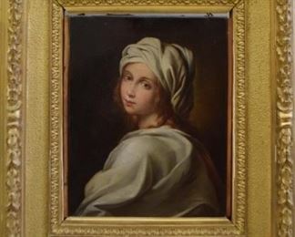 219	After Guido Reni Oil on Canvas Beatrice Cenci	After Guido Reni (Italian 1575-1642). Oil on canvas Portrait of Beatrice Cenci. Unsigned. Repair on left side near chin. 11 1/2" x 8 1/2" (overall with frame 19 1/4" x 16 3/4").