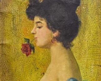 220	Andor Horvath Oil Painting Portrait Of A Lady	Andor Horvath (Hungarian, 1876-1933). Oil on canvas. Portrait of a lady in a blue dress with a rose in her mouth. Sight size 22" x 18", Overall size 27 1/2" x 23 1/2". Small tear to the upper left, canvas slightly wavy, small paint flecks missing.