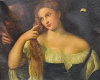 221	19th Century Oil Painting Of A Lady	19th Century European oil on canvas of a lady in a chair with a gentleman behind her. Appears unsigned. Sight size 36" x 28". Overall size 46 1/2" x 39" . Canvas is warped. Small tears to the upper right as well as paint loss to the bottom. Four restoration patches on verso . Some paint loss throughout. Damage and repairs to gold gilt frame.