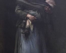 222	Nicolas Sicard Oil on Canvas	Nicolas Sicard (French, 1846-1920). Oil on canvas Bohemian and her child. Socializes the realities of the Industrial Revolution. Exhibited in Salon de Lyon 1887 under number 557. Wood and gilt frame. Signed in the lower left and dated. Gallery label on verso. 83 1/2" x 47" (with frame: 101" x 64"). Waviness to the canvas, restorations, chip on gilt border on the center bottom.