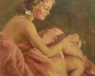 224	Pal Fried Oil on Canvas	Pal Fried (American/Hungarian, 1893-1976). Seated ballerina tying her slipper. Oil on canvas. Unframed. Signed in bottom left. Crazing throughout. Hole in canvas by ballerina. Loss along the edges. 31 1/2" H x 23 3/4" W