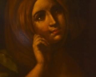 227	Oil Painting After Guido Reni	After Guido Reni (Italy, 1575-1642). "Sibilla Persica" (Persian Sybil), oil on copper, an early 19th century academic copy from the original in the Academia di San Luca in Rome, identified with label on verso. Sight size 18 1/2" x 15". Overall size 29" x 25 1/2". Crazing throughout..