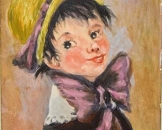 228	20th Century Oil on Board Girl with Bow	20th century oil on board. Portrait of a cherubic girl with large purple bow and matching hat. Slight losses around the top right edge. Signed in the bottom left corner: "JS Rosinger". Sight: 11 11/16 x 8 1/2", Frame: 16 3/4" x 13 7/8"