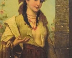 229	Anton Brentano Oil on Canvas Portrait of a Girl	Anton Brentano (German, 1840-1888). Oil on canvas portrait of a girl, titled with label on verso Hungarian Gipsy Girl. Signed lower left AP Brentano. 3 holes lower left near hand, paint loss lower left. 40 1/2" x 26" (with frame 55" x 40 1/2")