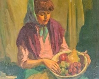 230	M. Simonyi Oil On Canvas Portrait Of A Woman	M. Simonyi (Hungarian, 19th/20th century). Oil on canvas portrait of a woman with a bowl of fruit. Signed lower left Simonyi. With label on verso. Paint loss along bottom, crazing throughout. 23 1/2" x 19 1/2" (with frame 26 1/2" x 22 1/4")