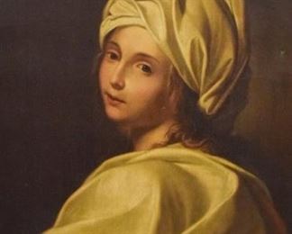 233	After Guido Reni Oil on Canvas	Portrait of Beatrice Cenci. Unsigned Sight: 24 5/8" x 19 5/8" Frame: 32 7/8" x 27 7/8" 2 small holes near top of canvas. Discolored from age. Repair in top center on verso.