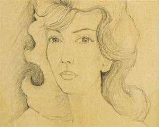 234	20th Century Charcoal on Paper Portrait of a Woman	20th Century charcoal on paper, portrait of a woman. Signed "DiMezze" in the lower right. Dated June 1959. Framed with glass, mounted on canvas. Sight: 21 3/4" x 17 1/4". Frame: 29" x 27 1/2". Canvas is stained on the lower half, both sides. Wear commensurate with age.