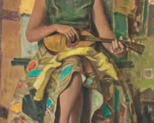 236	Bela Kontuly Oil on Canvas Woman Playing Mandolin	Bela Kontuly (Hungarian, 1904-1983), Oil on canvas of a seated woman playing a mandolin. Signed in the lower right. Sight: 35 5/8" x 23 1/2", Frame: 46" x 33 1/2". Wear commensurate with age. Gold carved wood frame, chips to frame.