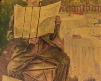 237	20th Century Hungarian School Oil on Board	Hungarian School Oil on board. Man with a hat and glasses reading a menu. Signed in the lower right" L.E Kroczaki". Dated 1941. Sight: 16 1/2" x 12 3/8". Frame: 19 1/2" x 15 1/4". Discoloration from age. Chips to frame.