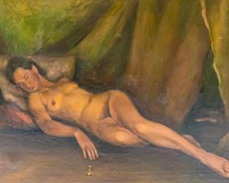 238	Kisskovacs Oil on Canvas Reclining Nude	Kisskovacs (Continental 20th Century). Oil on canvas of a reclining nude. Signed lower left "Kisskovacs BL77 942". Tear in center below fingers. Some paint loss on the top near the frame line. Two repair patches on verso. Paint loss to frame 30" x 45", 38" x 53" with frame.