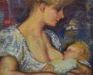 240	Oil On Canvas Georges Rival	Georges Rival (French 20th Century). Oil on canvas of woman breastfeeding a child. Signed upper left. Sight size 30" x 33". Overall size 40 1/2" x 34" Paint loss to woman's hair, right wrist and upper right corner of painting.