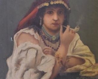 241	Oil On Canvas Portrait Of Gypsy Woman With Pipe	Continental oil painting of a Gypsy woman smoking a pipe. Appears unsigned. Sight size 16 1/2" x 12 1/2". Overall size 12 1/2" x 17 1/2" 1/2" hole middle left.