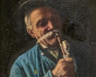 244	19th Century Oil on Wood Panel Man with Pipe	19th Century oil on wood panel. German school, man with a mustache smoking a pipe. Signed "W.Zahn" upper right. Sight: 7"x 5 3/8", Frame: 13 1/4" x 12". Toning to varnish, crazing throughout, wear commensurate with age. Crazing and minor chips on gesso frame. "No.23" handwritten label on verso.