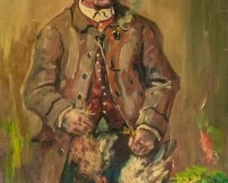 245	Andor G Horvath Oil on Board Man with Chickens	Andor G. Horvath ( Hungarian, 1876-1933). Oil on board. Man smoking a pipe holding chickens for slaughter. Signed in the lower left. Sight: 20"x 13 1/4", Frame: 23" x 17 1/2". Chip of the paint on the bottom of the canvas. Impression in the board, top right.