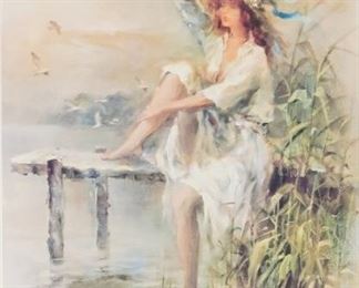 246	Willem Haenraets Print Seaside Dreaming	Willem Haenraets (Dutch,1940-) Print entitled "Seaside Dreaming". Signed in the print and in the bottom left. Numbered 935/950. Sight: 24 1/2" x 19 3/4". Frame: 35 3/4" x 30 3/4". Framed and matted behind glass. Chipped paint top of frame.