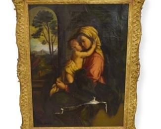 247	19th Century Oil on Canvas of Mother and Child	Pietro Guiettelli (Italian, 19th century) "Mother & Child", gilt framed, on canvas, artist signed lower left. Large tear on bottom center. Evident repairs throughout. Sight: 37 1/2" x 28". Framed: 47" x 37"