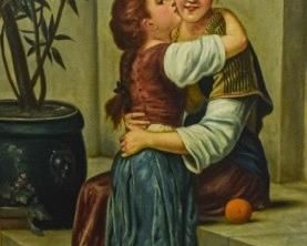 248	19th Century Oil on Canvas Mother and Daughter	19th Century Oil on Canvas. Young redheaded girl embraces her mother. Signed: "M. Cardanasso" in the bottom left. Small hole by the orange. Small indentation on the lower right by the stick on the ground. Stretcher hardware inscribed " Pat P. Feb 13 1883 June 16 1885" Canvas stamped " F.W Devoe & CO". Sight: 48 1/2" H x 28 1/2" W Frame: 61" H x 41" W