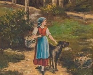 249	19th Century Oil on Canvas Girl with her Dog	19th century oil on canvas. Village girl on a path in the woods with her dog. Signed " Van Prage" in the bottom left corner. Sight: 11 3/4" x 9 1/2" Frame: 14 3/4" x 12 1/2". Paint worn on frame.