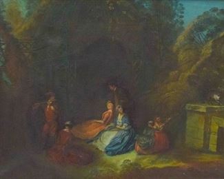 250	After Jean Antoine Watteau Oil on Canvas	After Jean Antoine Watteau (French, 1684-1721). "Flute Player", oil on canvas. Copy by Adolfo Tagliaferri (Italian, 20th century). Mounted panel on frame with inscription " Watteau Flute Player Copy by A. Tagliaferri." Discoloration from cardboard installed on verso for reinforcement, additional information inscribed on canvas. Sight: 17 1/2 x 13 3/4", Frame: 23"x 18 1/8"