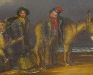 251	William Shayer Oil on Canvas Fishmonger	William Shayer (English 1787-1879). Oil on canvas. Fishmonger on the shore with two customers and their mule. Signed "WM Shayer" on the bottom left. Cracking of paint due to age. Canvas loose in frame. Sight: 12 1/4" x 8 1/4", frame: 17 5/8" x 13 7/8"