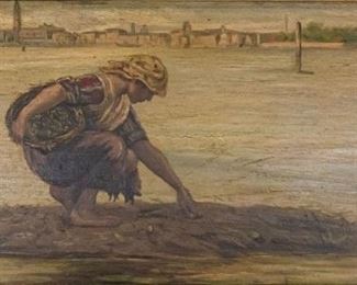 252	After Antonio Ermolao Paoletti Oil on Wood Panel	Antonio Ermolao Paoletti (Italian, 1834–1912). Oil on wood panel. Entitled "Shell collector in the Venetian Lagoon." Women collecting shells barefoot by the lagoon bank. Sight: 8 1/2" x 18. Frame: 11 1/2" x 21 ". Crazing of paint, discoloration from age. Chip in top right corner. Chip in top left corner. Unsigned.