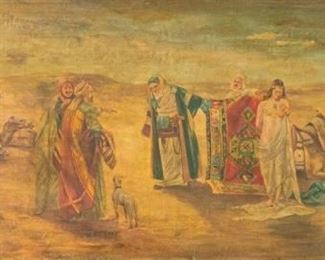 253	Otto Pilny Oil on Canvas Marche Aux Esclaves	Otto Pilny (Swiss, 1866–1936). Oil on canvas Marche aux escalves (Slave Market). Signed lower right. Unframed, dirt and wear consistent with age, wear along edges, two 2" scratches center left. 20" x 47"